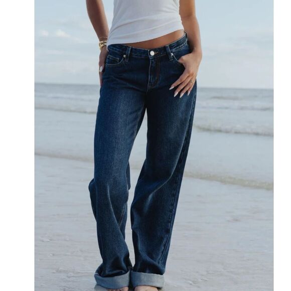 Denim - Sky Dolls Dark Blue Low-Mid Rise Jeans Size L Tall Wide Leg Mid Rise Cotton